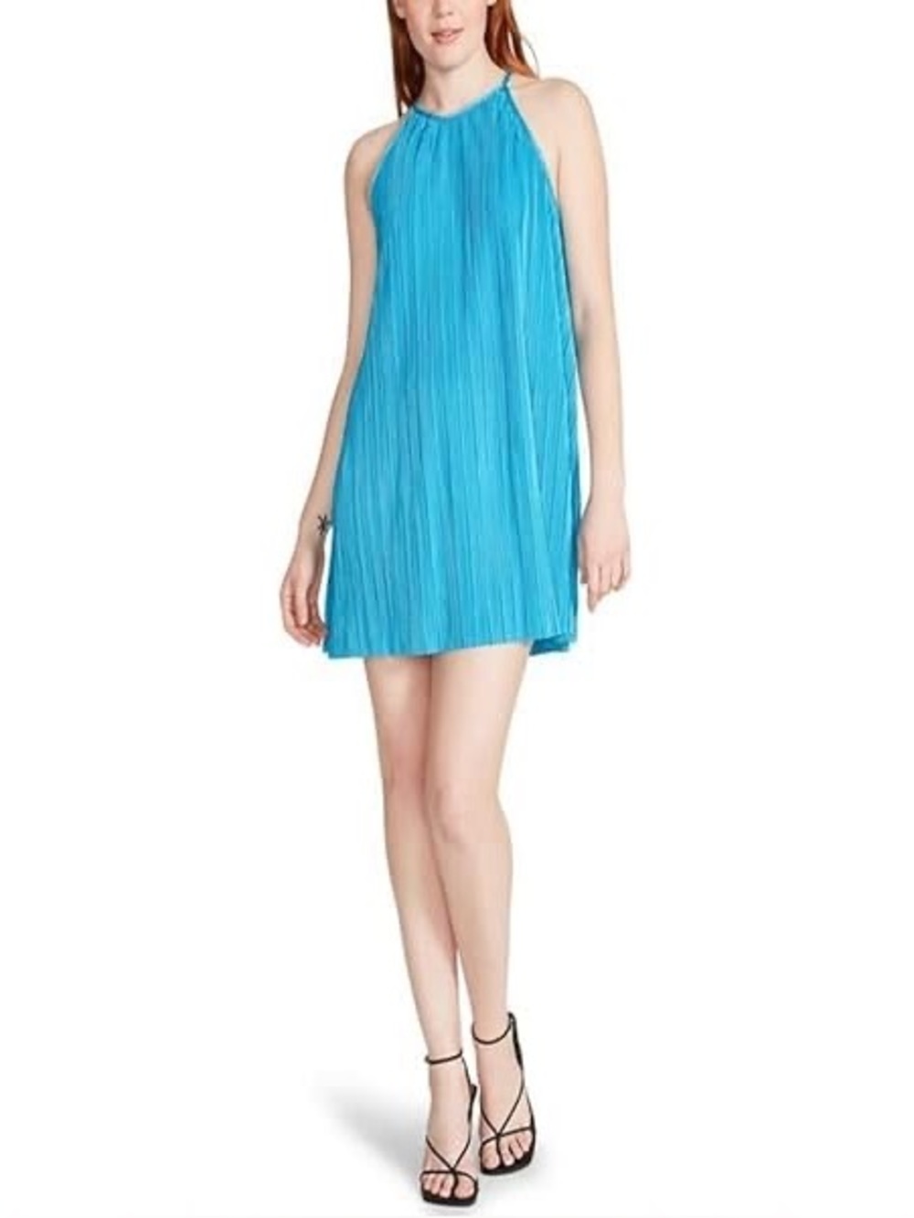 Steve Madden Ada Blue Plisse Pleated Satin Halter Shift Dress Resortwear M NWT